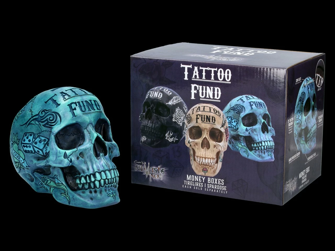 NEMESIS NOW Totenkopf - Tattoo Spardose - Blau 4 NEMESIS NOW Totenkopf - Tattoo Spardose - Blau – Bild 2