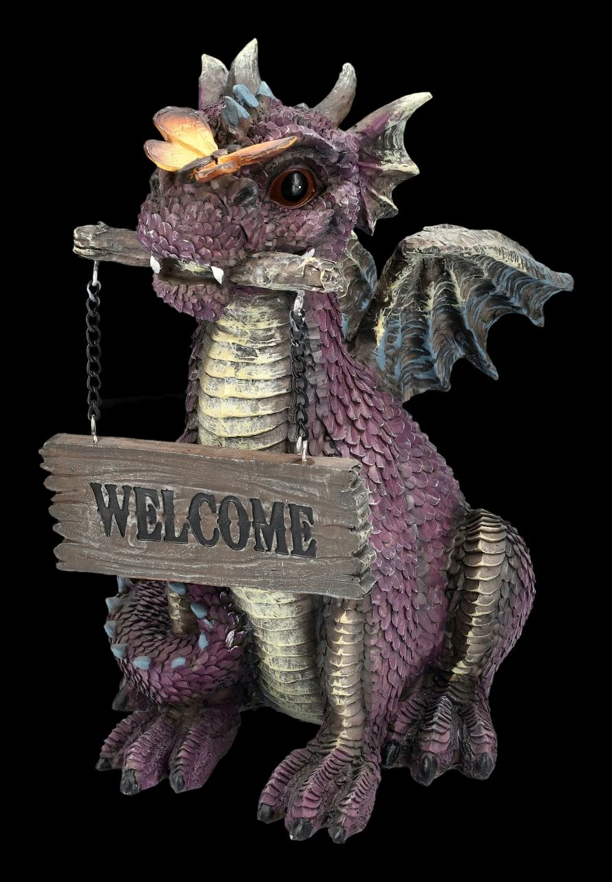 Drachen Figur Lila Mit Welcome Schild 5 Drachen Figur Lila Mit Welcome Schild – Bild 3