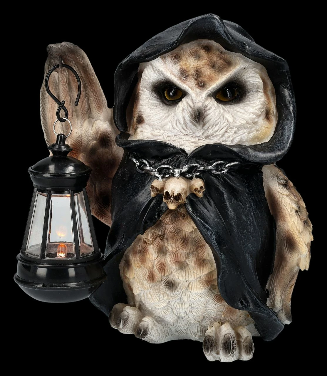 Eulen Figur In Reaperkutte Mit LED Laterne 3 Eulen Figur In Reaperkutte Mit LED Laterne