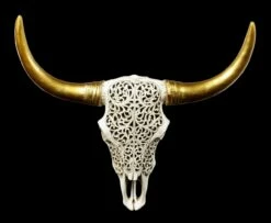 Wandrelief Büffel Schädel - Relief Mit Goldenen Hörnern