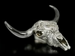 Wandrelief Stier Schädel - Drachenmotiv Silberfarben -FIGUREN Verkäufe Wandrelief Stier Schaedel Mit Drachenmotiv Silberfarben 3 1280x1280